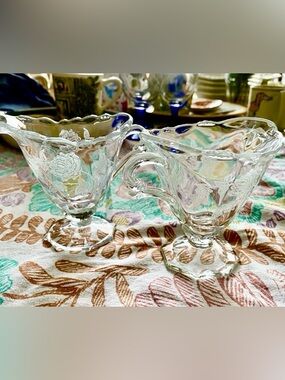 Vintage Heisey Cream & Sugar Bowls, Scallop Edge, Etched Roses w/Thorns. 1950 EC